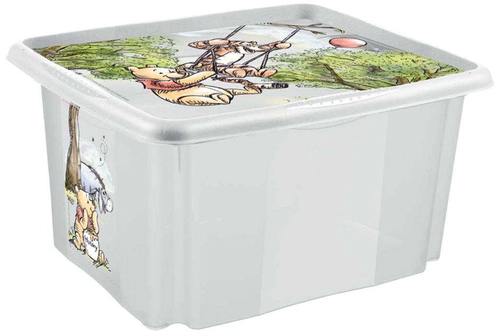 A clear, studio shot of a transparent storage box with a Winnie the Pooh design on the lid and side.