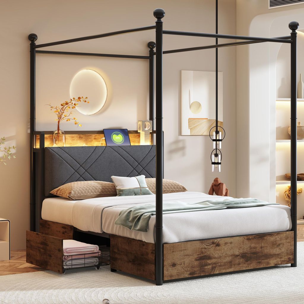 Multifunktionales Bett 90 x 190 , mit Stauraum und schmiedeeisernem Baldachin,mit abnehmbaren Bettpfosten mit LED und USB-/Typ-C-Ladeanschlüssen s...