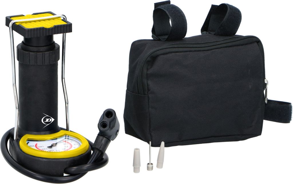 Dunlop Mini Fußpumpe Luftpumpe - Reifenpumpe - Inklusive 3 Adapter - Analoges Manometer mit Aufbewahrungstasche