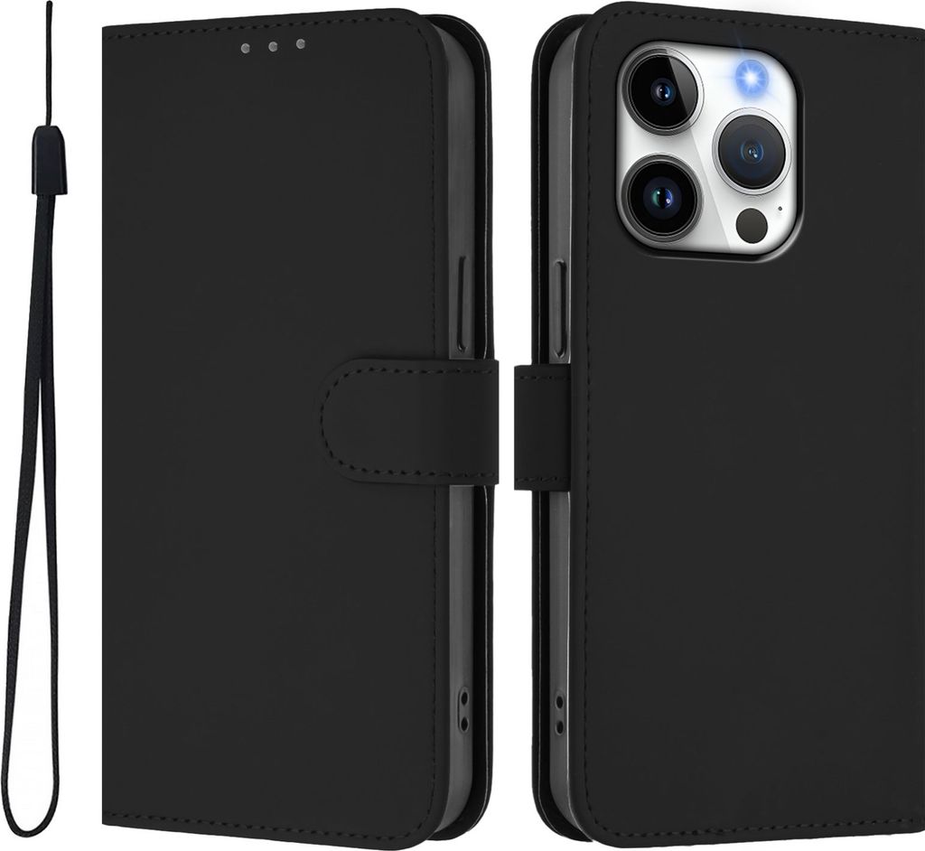 Hülle für Apple iPhone 16 Pro - Phonesta Soft Skin Book Wallet Klapphülle mit Kordel - Schwarz