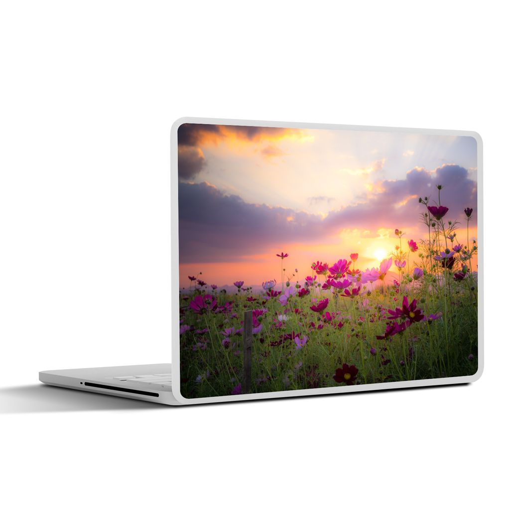 MuchoWow Laptop Aufkleber Sticker Cover Sonnenuntergang - Blumen - Rosa - Natur - Grün 25x18 cm - Laptop-Deko