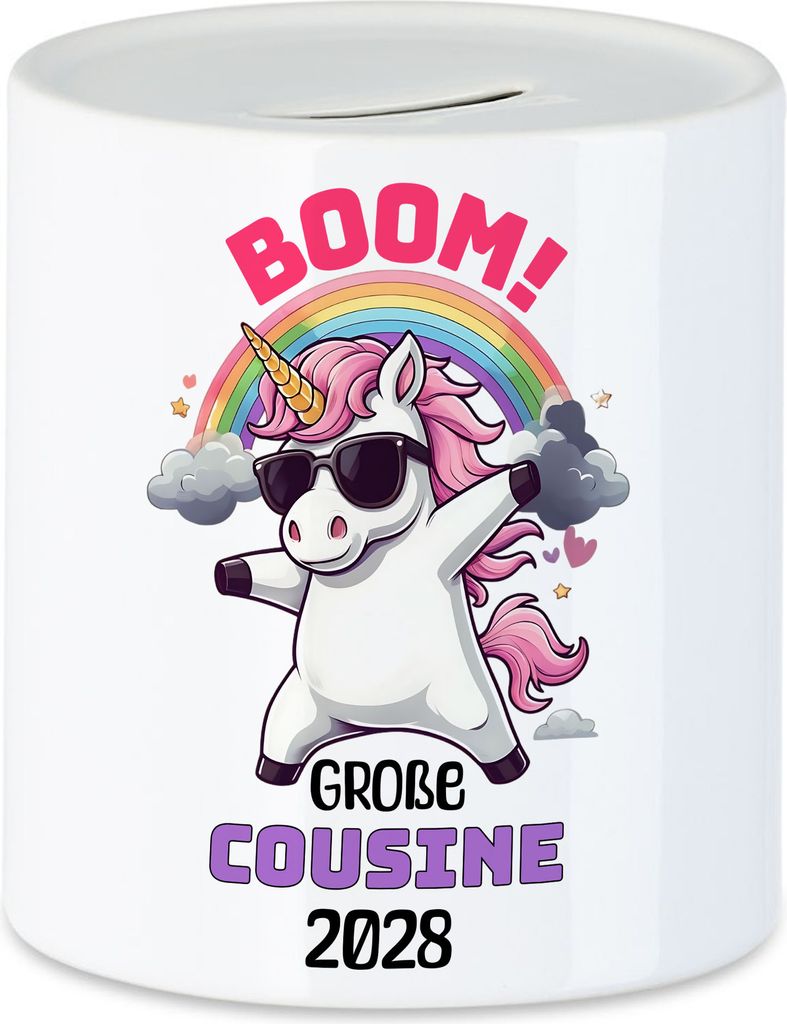 Boom Große Cousine 2028 Spardose Geschenk Einhorn Familienfreude Babyparty Überraschung Cousine