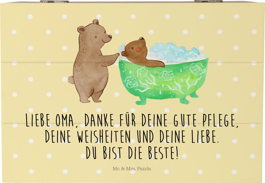 Mr. & Mrs. Panda Box Oma Baden 22 x 15 cm - Gelb Pastell - Geschenk, Muttertag, Liebe, fotobox, schatzkiste holz, schmuckbox, Großmutter, Bären, ...