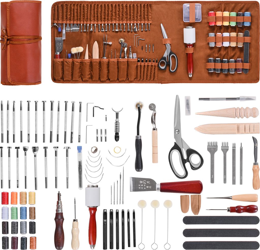 A collection of leatherworking tools laid out on a white background, with a rolled-up leather storage case on the left.