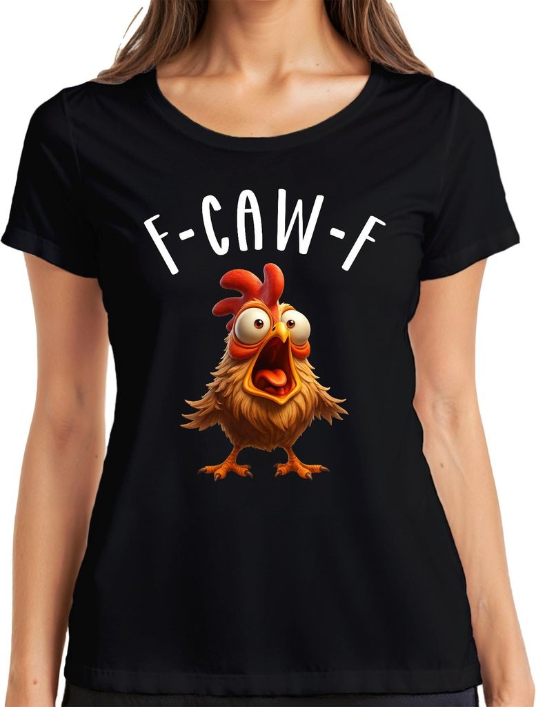 F-CAW-F Lustiges Cartoon Huhn Verrücktes Bauernhof Humor witzig Damen T-Shirt, Schwarz, M