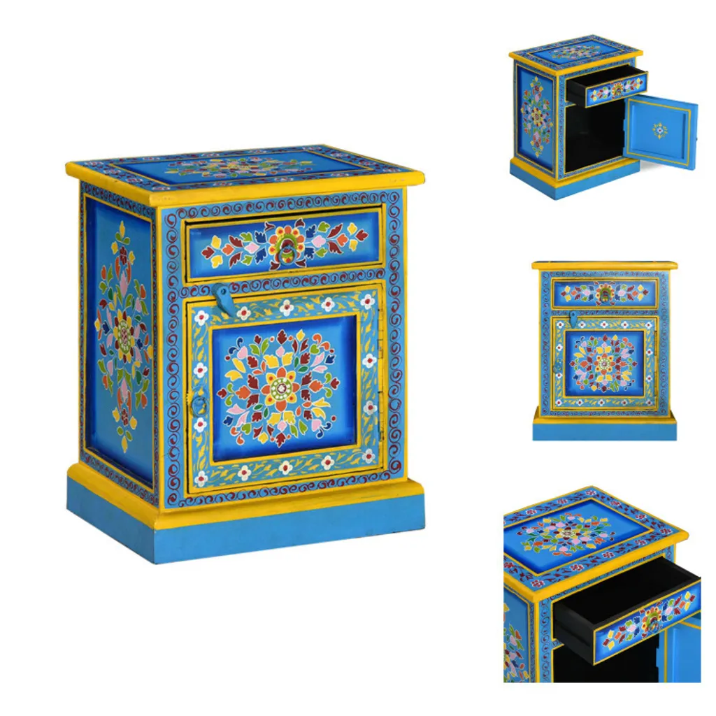 Table de chevet en bois massif turquoise style bohème pour chambre adulte