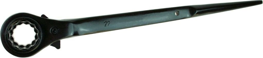 A black ratcheting wrench with a double socket is shown against a white background.