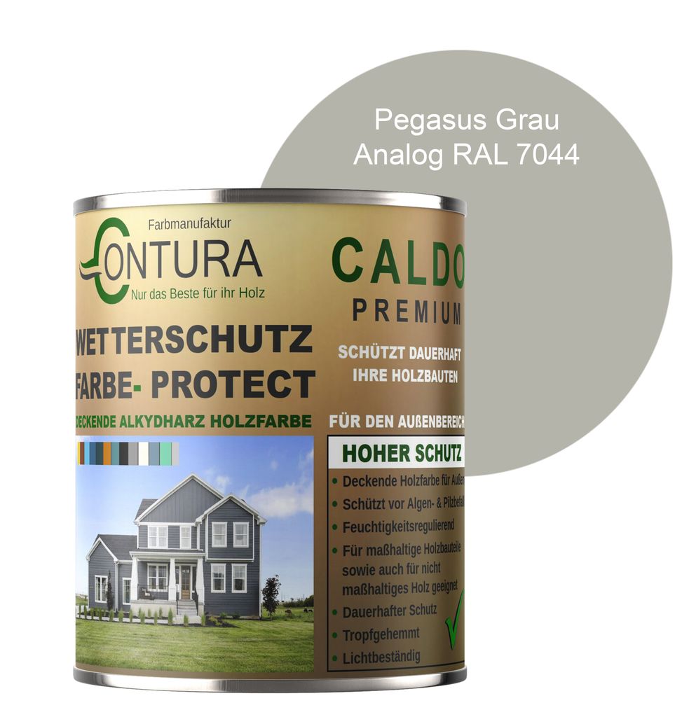 Contura 1Liter Wetterschutzfarbe Holz Dauerschutzfarbe Deckend Buntlack Holzfarbe Holzlasur Seidenmatt - Pegasus Grau - RAL 7044 Analog