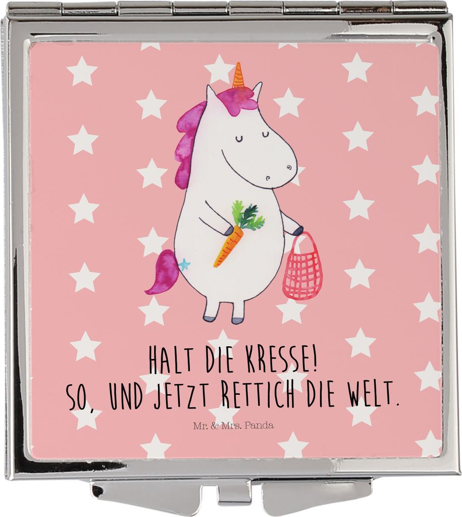 Mr. & Mrs. Panda Klappbarer Spiegel Einhorn Gemüse - Rot Pastell - Geschenk, Klappspiegel, Kleiner, Unicorn, Taschenspiegel, Einhörner, Wochenmar...