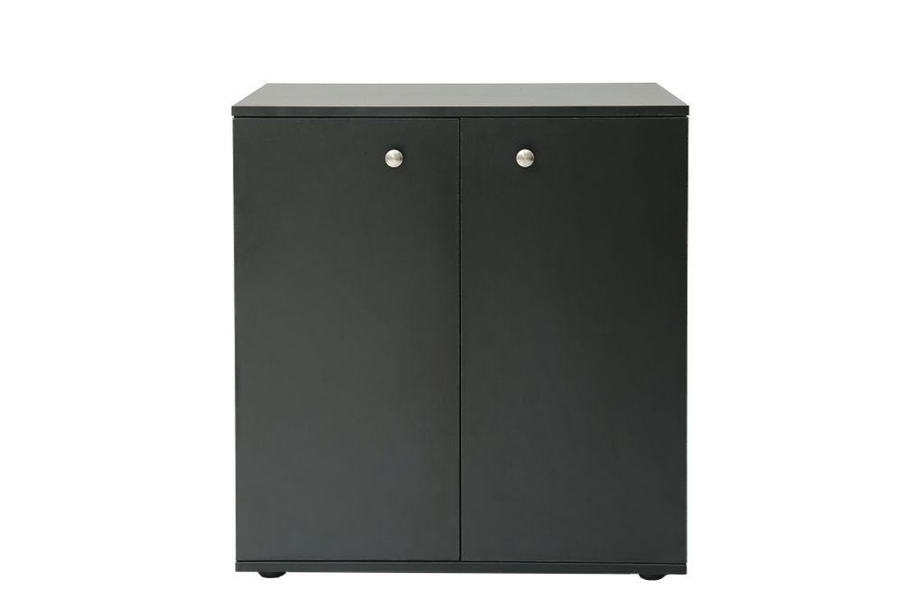A front view of a black two-door cabinet against a white background.