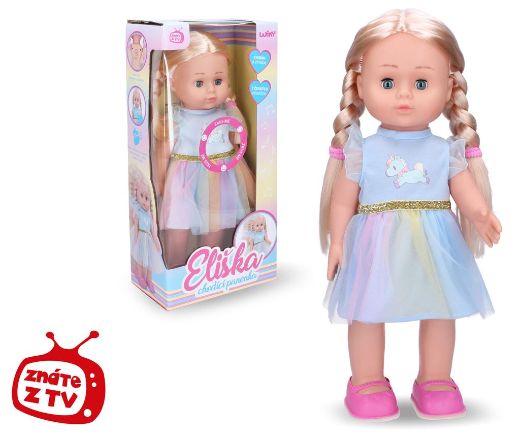 Wiky Eliška, loopende pop, 41 cm, blauwe jurk - met Productafbeelding 