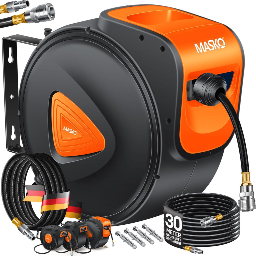 MASKO Automatik Druckluftschlauch Aufroller – Schlauchtrommel mit 1/4" Anschluss, Schlauchaufroller, Wandhalterung, Tragegriff, 180° schwenkba...