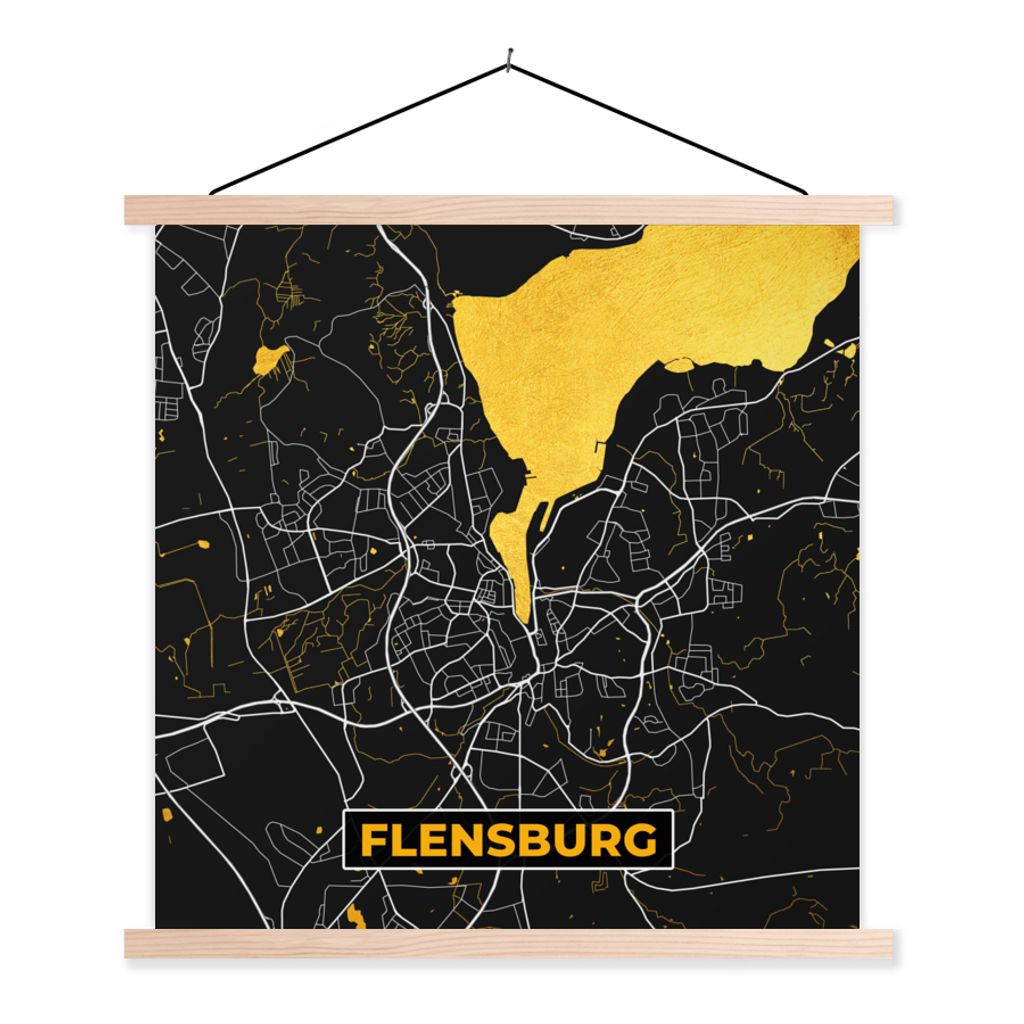 MuchoWow Textilposter Flensburg - Gold - Stadtplan - Karte - Deutschland 120x120 cm mit holzfarbenen Rahmen - Textil-Poster