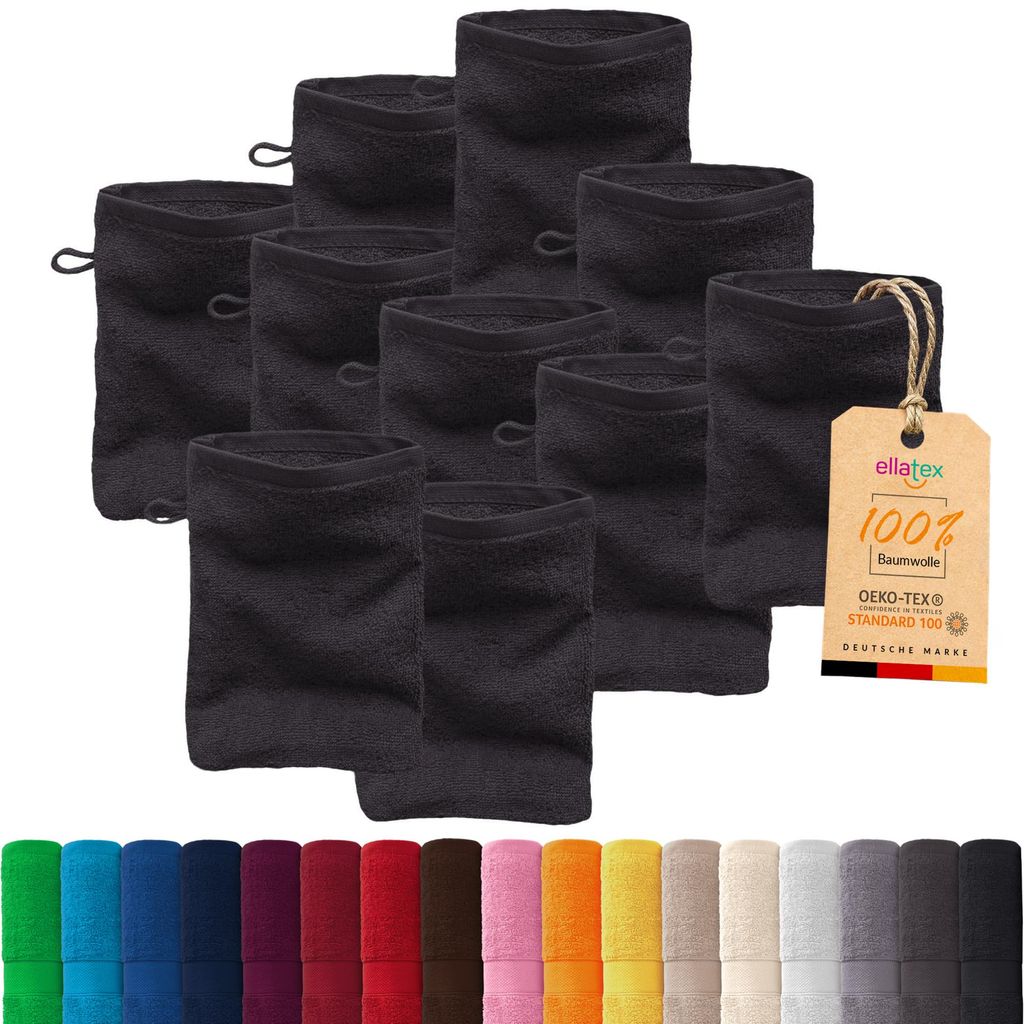 10er Pack EllaTex Waschhandschuhe 15x21 cm 100% Baumwolle, 500 g/m² Handtücher Set weich saugstark Serie Paris, in Farbe: Schwarz