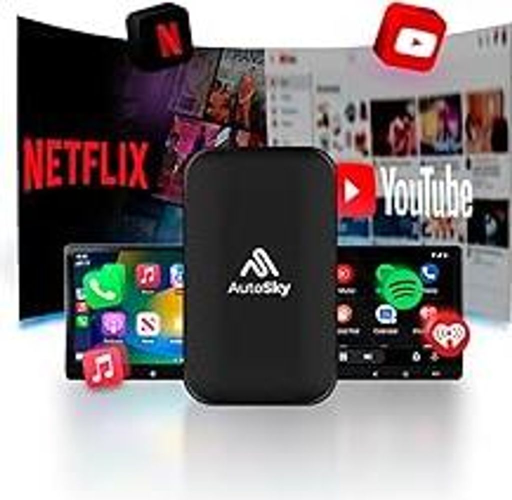 AutoSky AI Box Lite Plus 2.0 – Wireless CarPlay & Android Auto für werkseitig verkabelte Autos, Unterstützt Netflix & YouTube, Kabellos & Plug ...