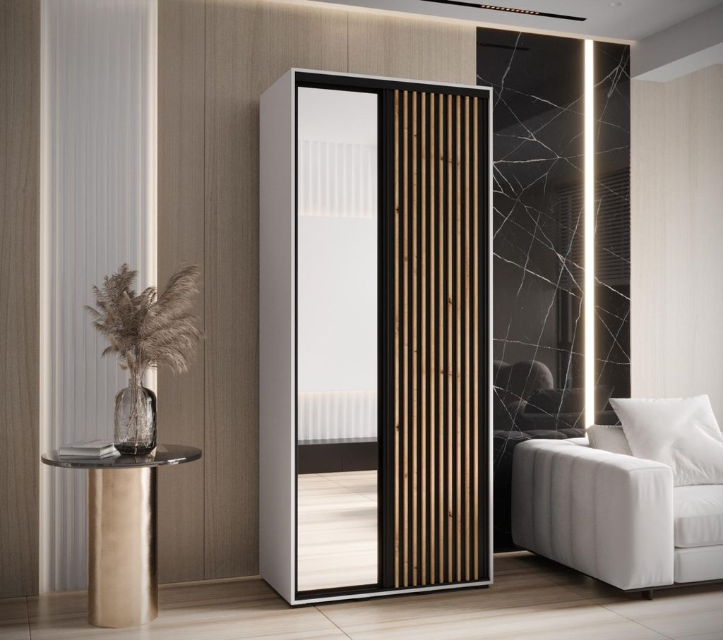 Kleiderschrank FIDELIA 2 – 100/45 cm, weiß/schwarz/Eiche handwerklich