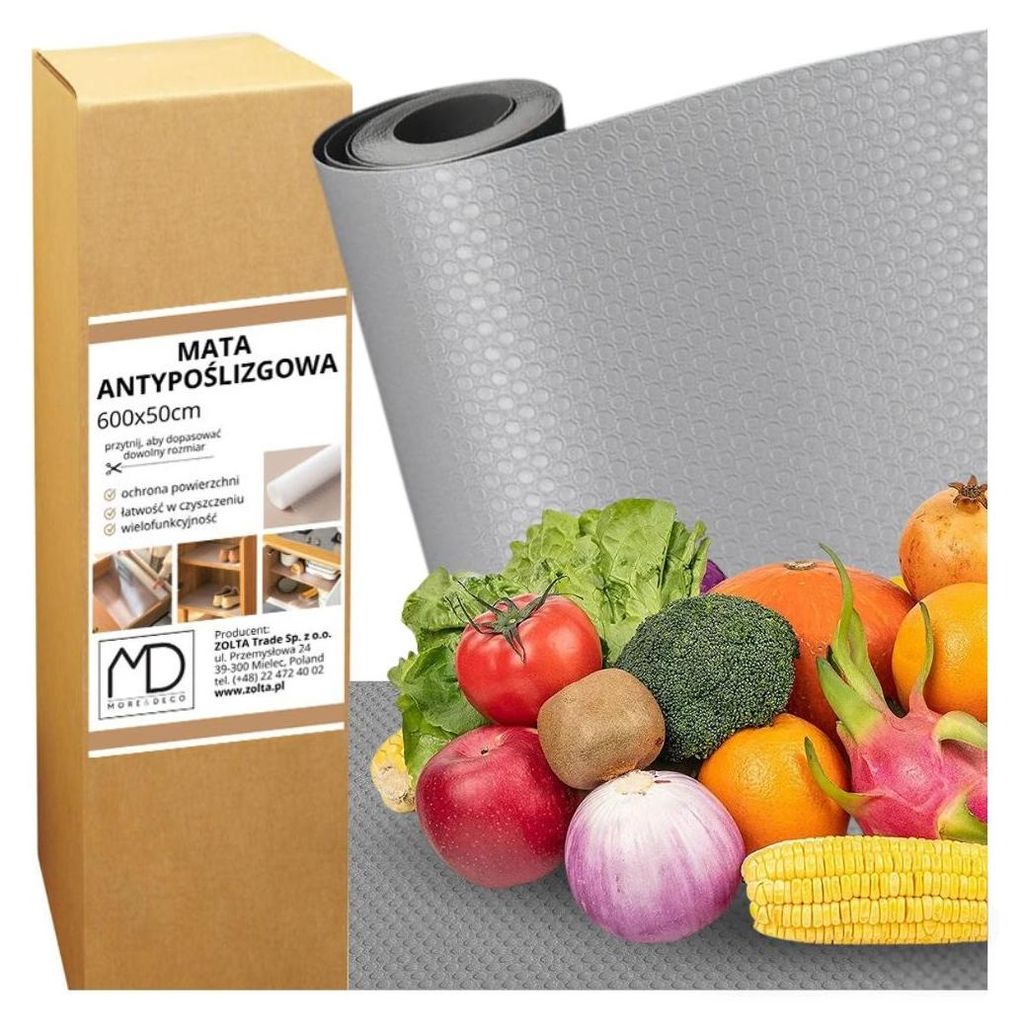 A product shot of an anti-slip mat with a variety of fruits and vegetables, along with its packaging.
