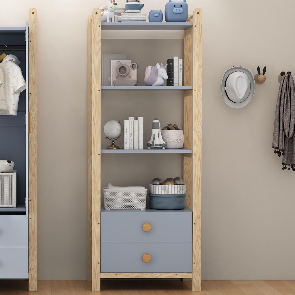 Flieks Standregal Eckregal Bücherregal mit 2 Schubladen, Badezimmerregal Lagerregal 4 Ebenen, Schmal Holzregal, 70x44x180.5cm, Blau Naturbelassen