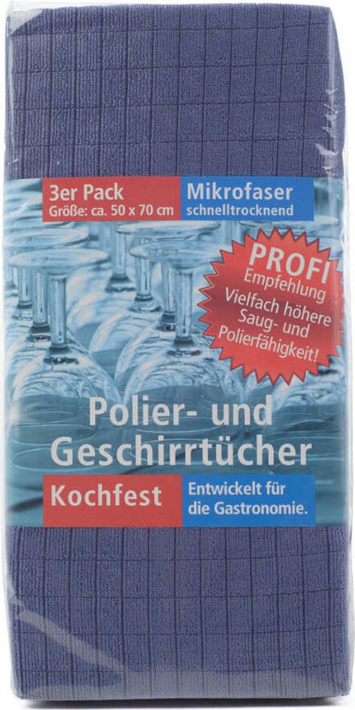 A package of blue microfiber polishing and dish towels, with images of wine glasses visible through the packaging.