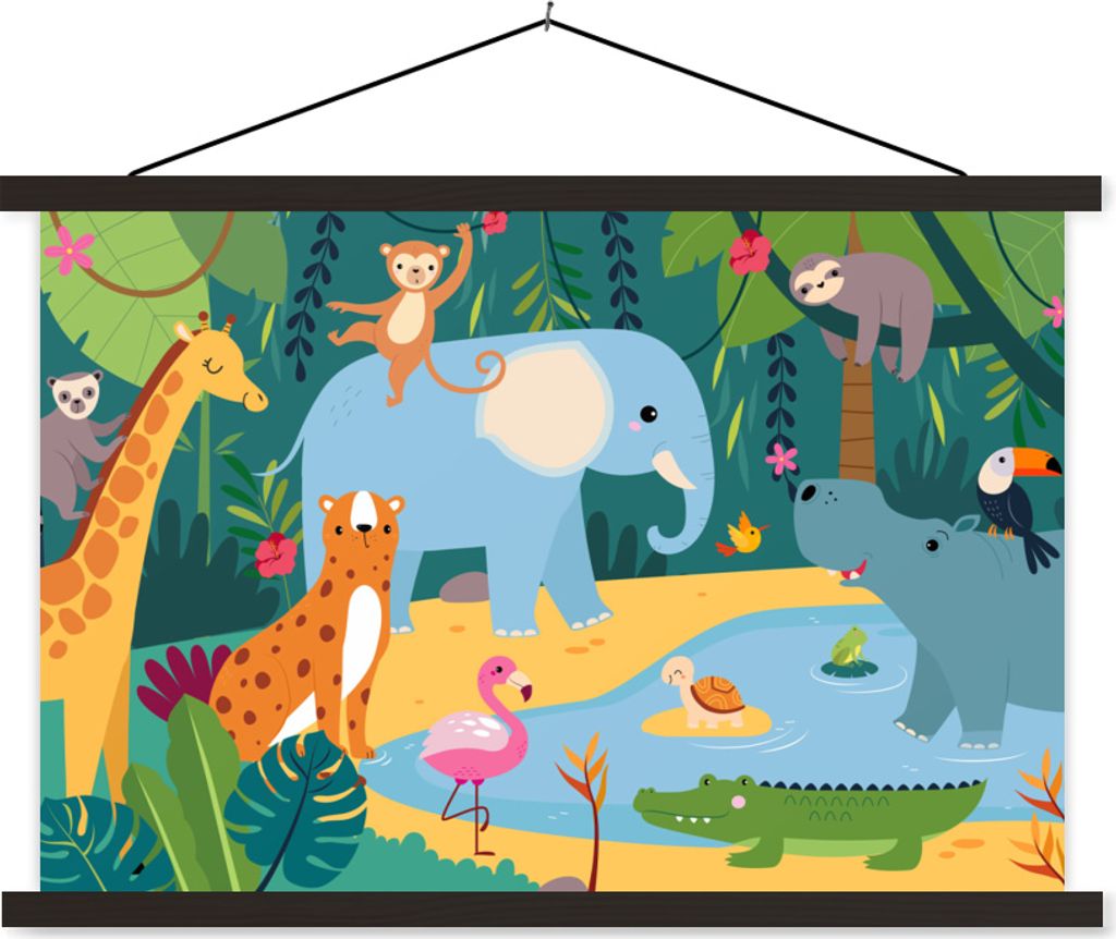 MuchoWow Textilposter Dschungel - Design - Tiere - Kind 90x60 cm mit schwarzem Rahmen - Aufhängungssatz