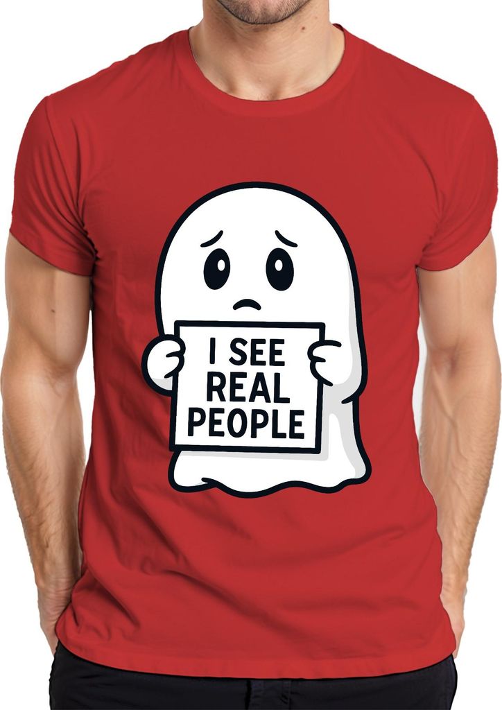 Ich sehe echte Menschen süßer Geist schüchtern Halloween lustig Herren T-Shirt, Rot, S