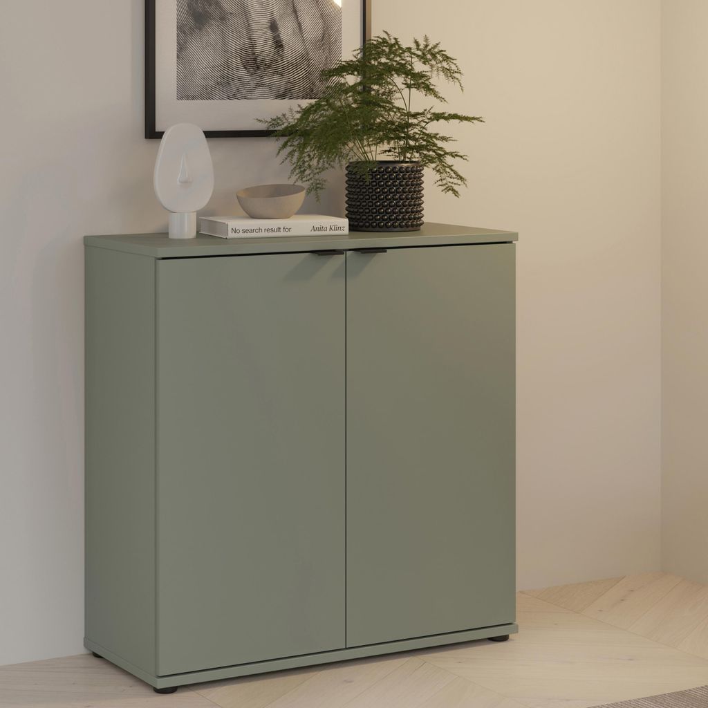 Forte GANYMEDE Kommode 80, minimalistische Kommode, 2-türig, Holzwerkstoff, Wohn-/Schlafzimmer, Salbei, 80,1 cm breit x 82,3 cm hoch x 34,1 cm tief