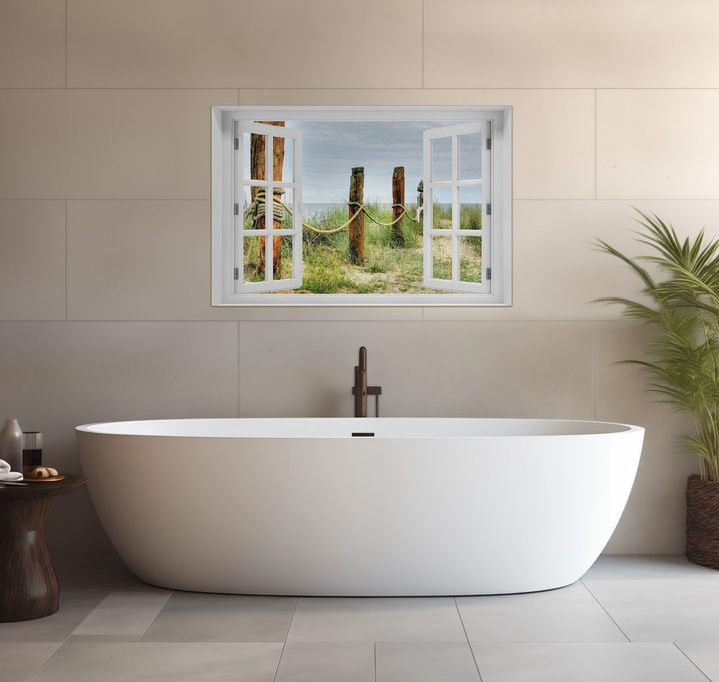 Wallario wasserfestes Poster selbstklebend 91,50 x 61 cm, Düne am Strand mit Holzpfahl, Badezimmerposter Spritzschutz mit Hochglanzoberfläche in ...