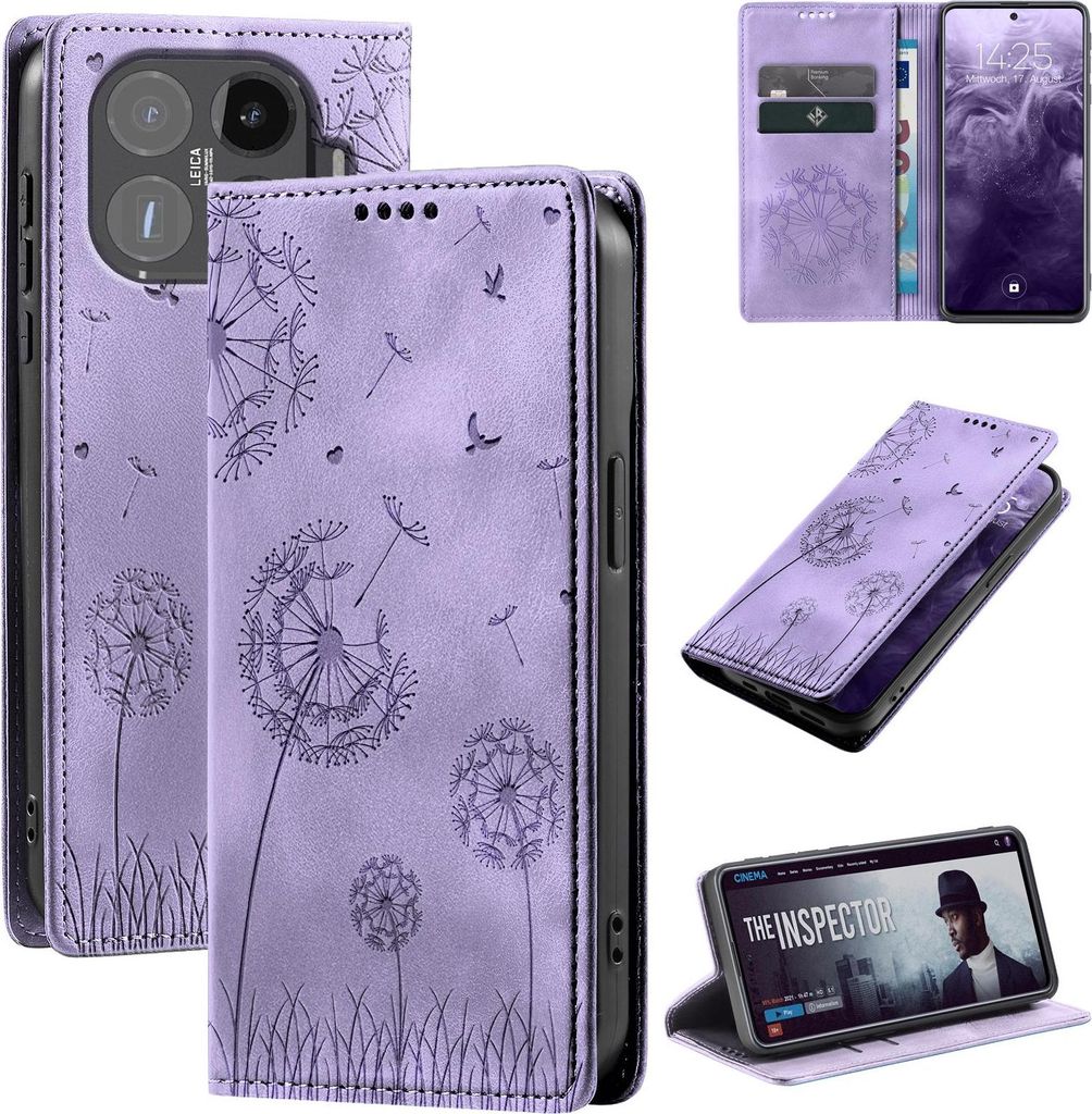 Handyhülle für Xiaomi 15T Pro RFID Schutz Klapphülle Case Cover Design Blume Pusteblume Schutzhülle Farbe: Violett