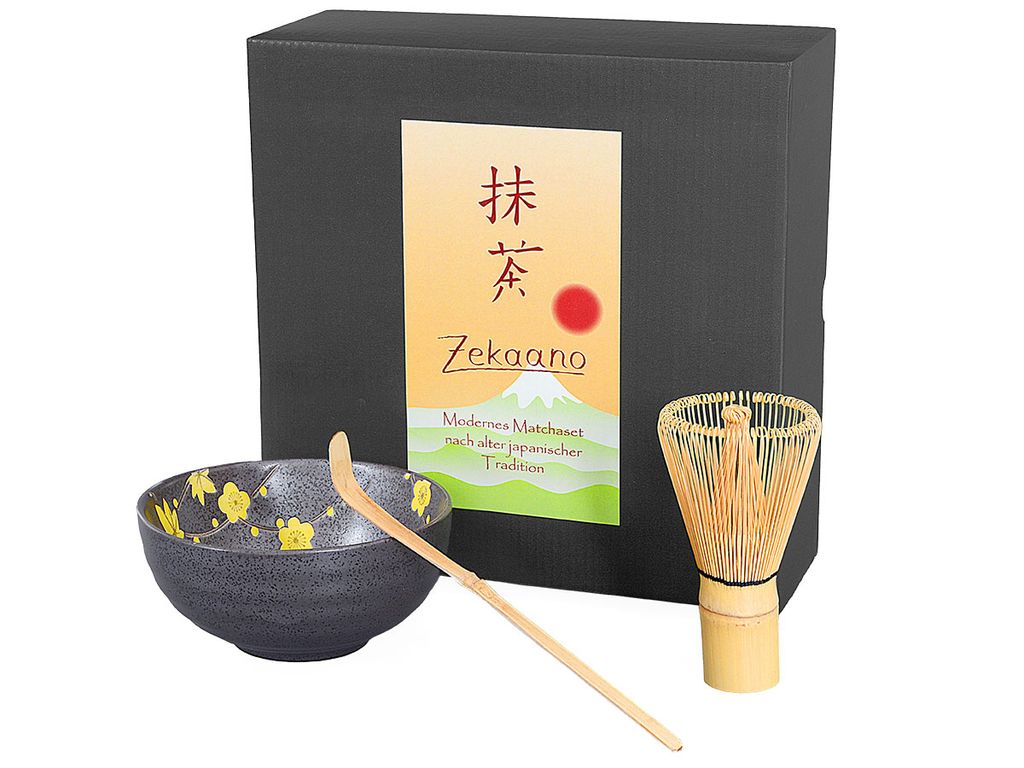 Matcha Set / Matchaset / Matcha Schale 250ml anthrazit/gelb, mit Besen/Löffel in Geschenkbox