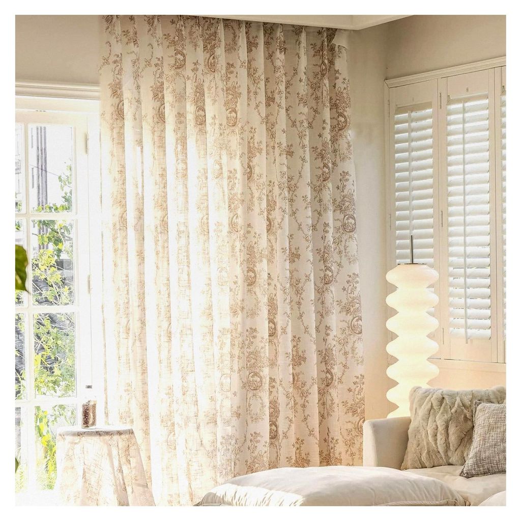 Halbtransparente Vorhänge mit Blumenmuster und Leinenstruktur, H 225 x B 140 cm, Stangentasche, 2er-Set, lichtfilternde Fenstervorhänge für Schl...