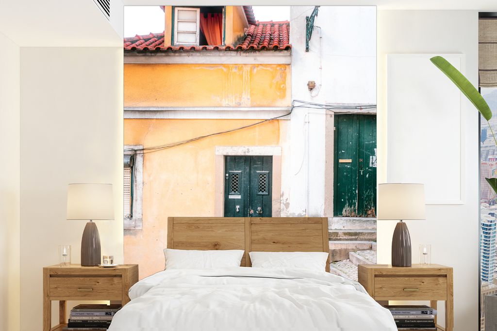 MuchoWow Fototapete für Wohnzimmer oder Schlafzimmer Wandtapete Vinyl Motivtapete Tür - Holz - Grün - Architektur - 205x280 cm - Wandbild