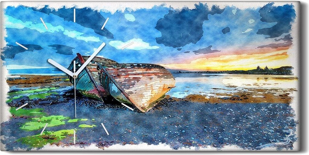 Wanduhr Uhr Wandbild Leinwand Geräuschlos 60x30 Malerei Aquarell Boote Wasser - weiße Hände
