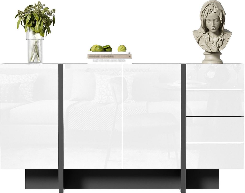 Esszimmerschrank Wohnzimmerschrank Schliessfach Anrichte Hochglanz-Sideboard moderner und schlichter Beistellschrank mit 4 Schubladen Weiss