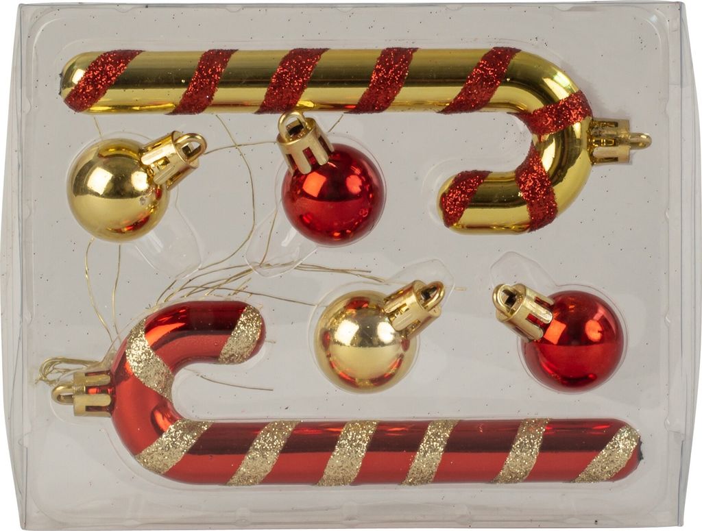 4 x Weihnachtsdekoration Komplettsets mit jeweils 2 Zuckerstangen & 4 Weihnachtskugeln rot/gold