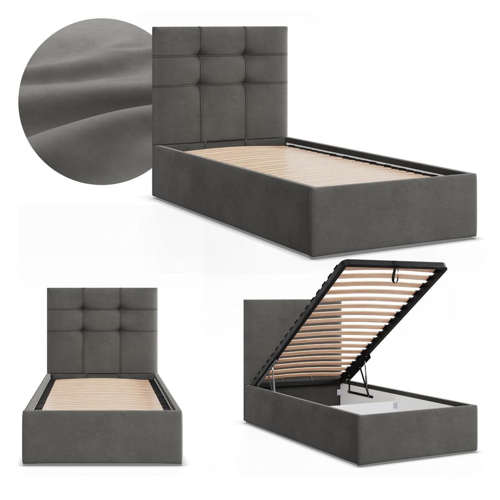 Polsterbett SORIA 90x200 Samt mit Bettkasten und hochklappbarem Metall-Lattenrost, Einzelbett Dunkelgrau