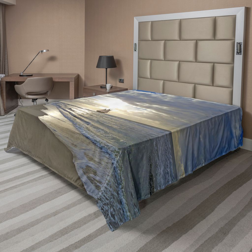 ABAKUHAUS Nautisch Bettlaken, Segelschiff Der Nähe Von Sandstrand Moody Sunset Paradise Tropisch Thema, weiches bequemes oberes Bettlaken für ein...