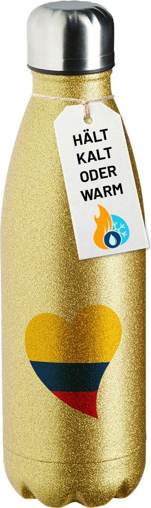 Huuraa Trinkflasche Kolumbien Flagge Herz 500ml Gold Edelstahl Wasserflasche Trinkflasche Geschenkidee