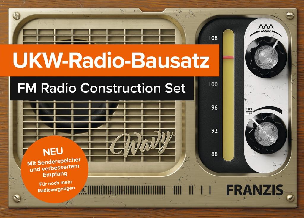 A close-up marketing image of a retro-style FM radio construction set, featuring prominent text overlays and product details.
