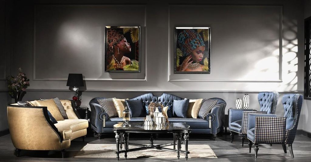 Casa Padrino Luxus Barock Wohnzimmer Set Blau / Gold / Schwarz - 2 Sofas & 2 Sessel & 1 Couchtisch & 2 Beistelltische - Barock Möbel - Edel & Prun...