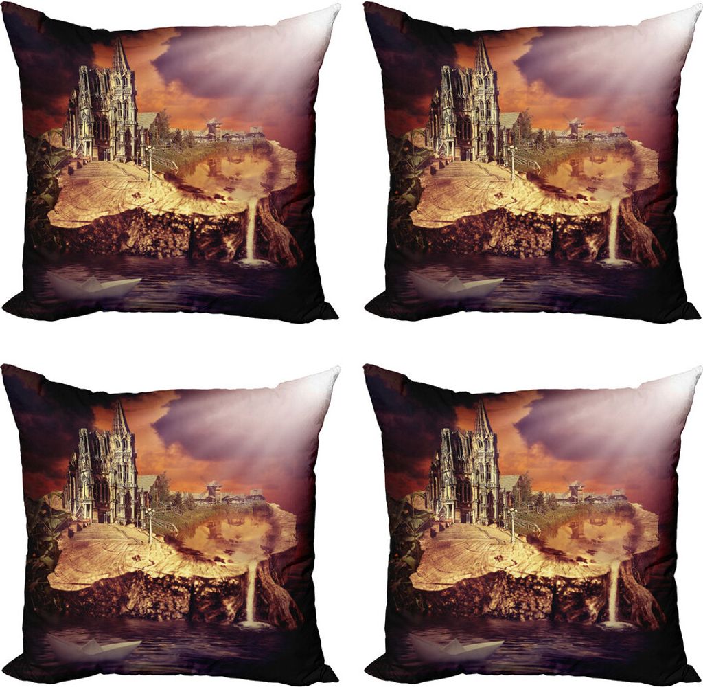 ABAKUHAUS gotisch Kissenbezug Set (4 Stück), Fantasy Castle Dorf, Moderner Doppelseitiger Digitaldruck, 45 cm x 45 cm, lila Creme