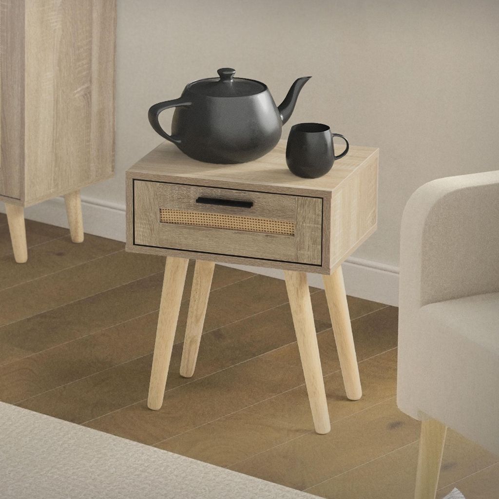 ML-Design Nachttisch mit 1 Schublade, 40x50,5x30 cm, Eiche Optik, Nachtschrank mit Rattanfront & Massivholzfüßen für Boxspringbett Schlafzimmer