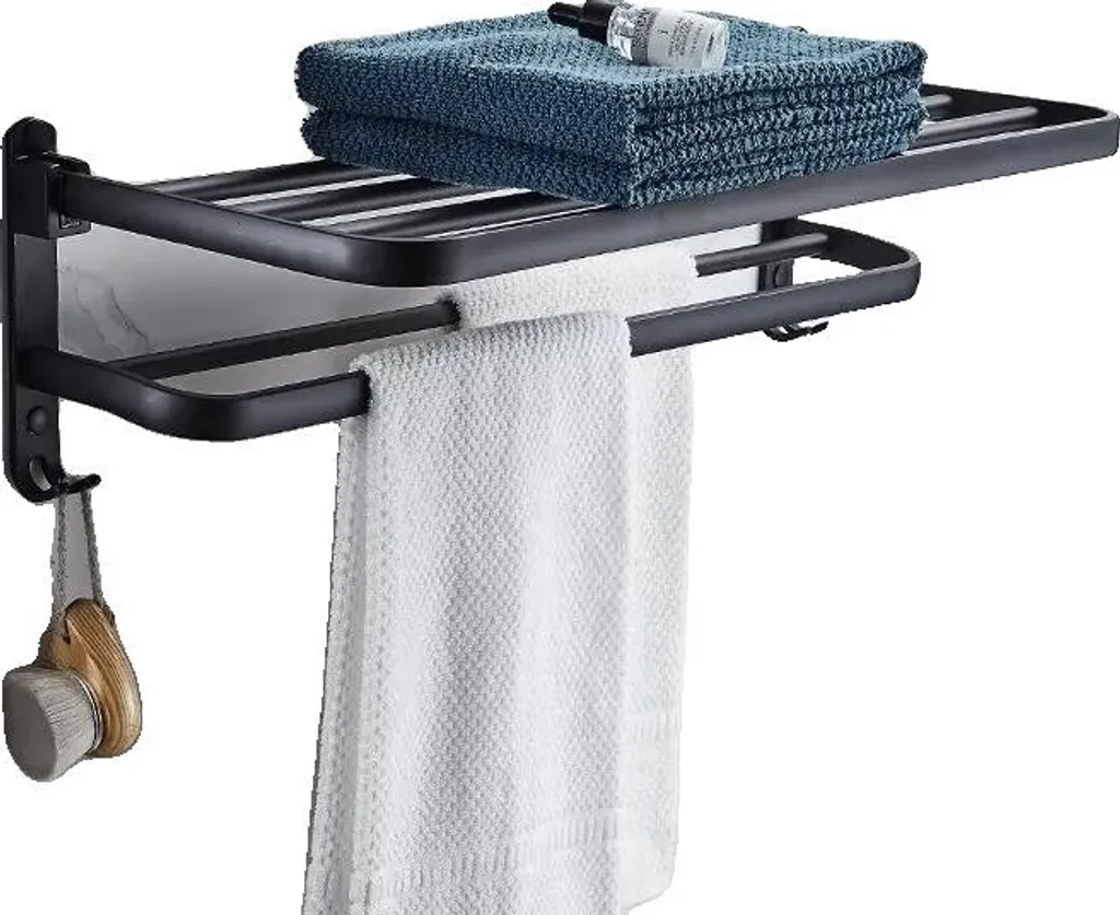 Portasciugamani 50cm Nero Ribaltabile Doppio - Staffa Parete Alta Resistenza
