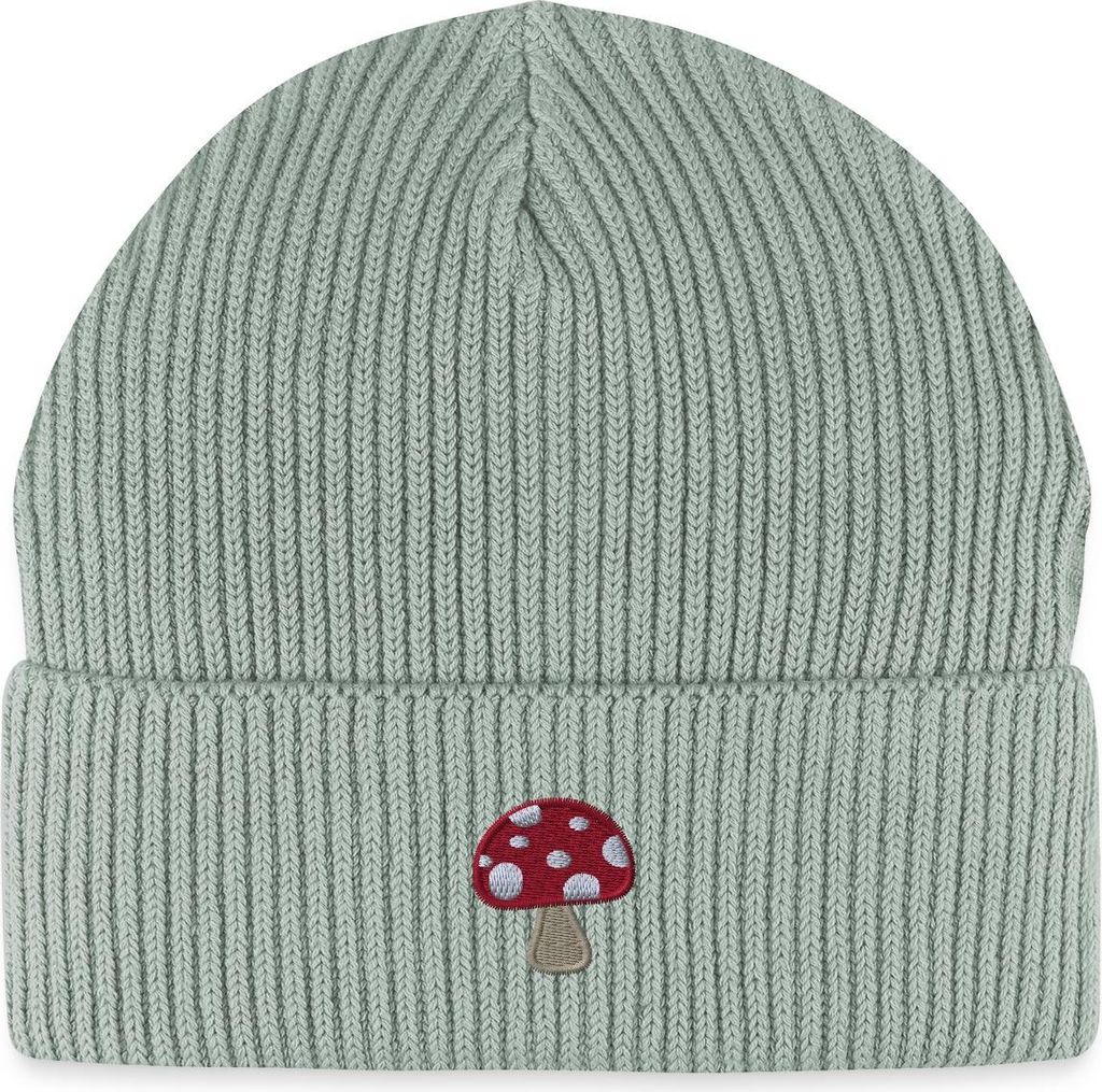 Spreadshirt Fliegenpilz Stickoptik Pilzliebe Im Retro-Stil Fisherman Beanie Bio Mütze, One size, Helles Graugrün