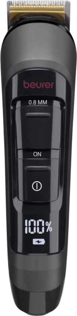 A close-up studio shot of a black electric trimmer against a white background.