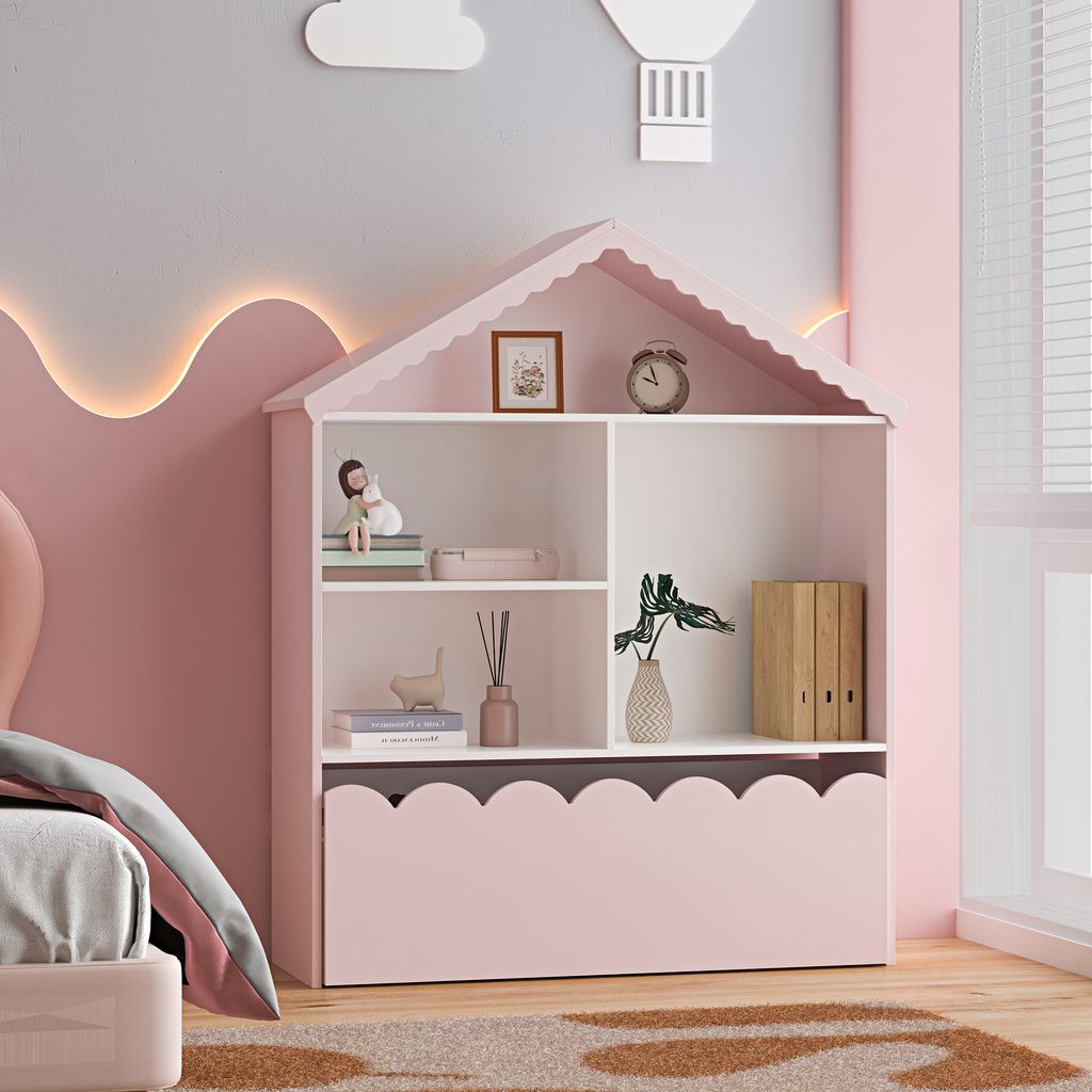 A child's bedroom with a pink house-shaped bookshelf.