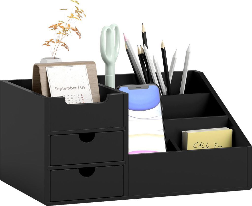 HOMCOM Schreibtisch-Aufbewahrungsbox – Schreibtisch-Organizer – 7 Fächer, 2 Schubladen – Lackiertes Bambus, Schwarz