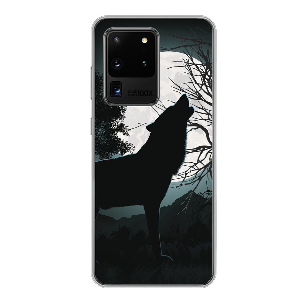 MuchoWow Handyhülle Schutzhülle Hülle für Samsung Galaxy S20 Ultra Wolf - Scherenschnitt - Mond Silikon Softcase Handy Hülle - Karteninhaber