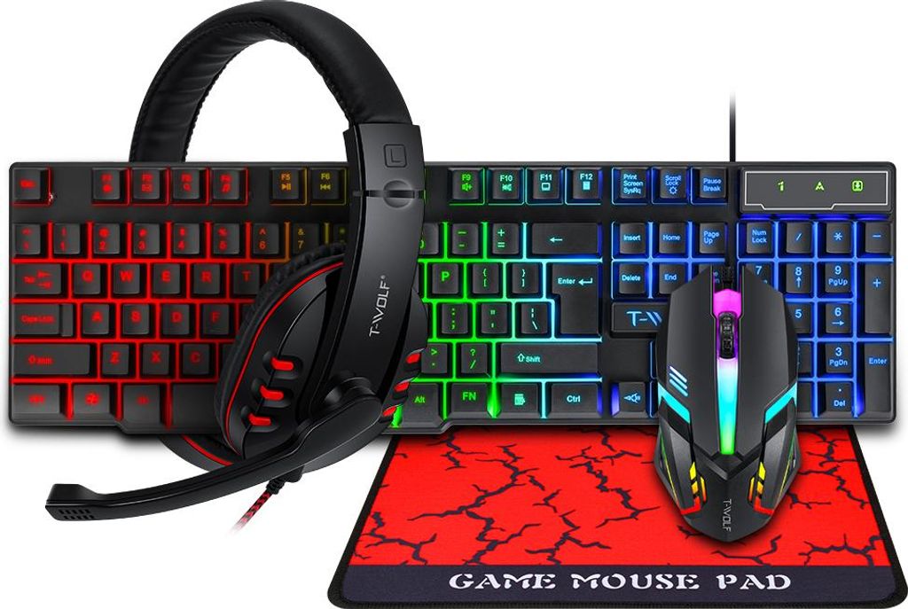 T-WOLF TF800 Vierteilige Gaming Combo 104 Tasten Tastatur 4-farbige Breathing Light Maus 3.5mm Gaming Headset Anti-Rutsch Mauspad