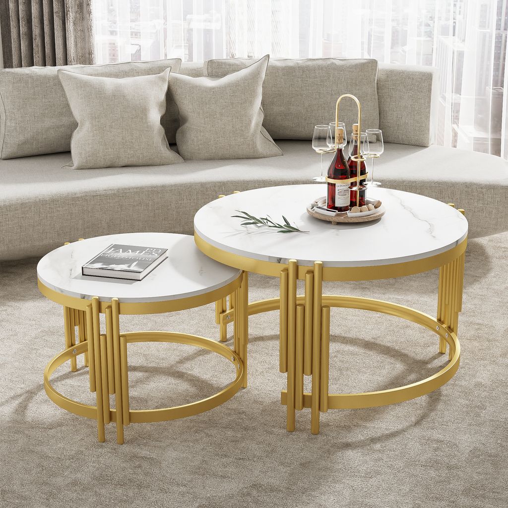 Abrihome Couchtisch 2er Set mit Marmoroptik und Metallgestell, Sofatisch Rund Modern Beistelltisch, Weiß