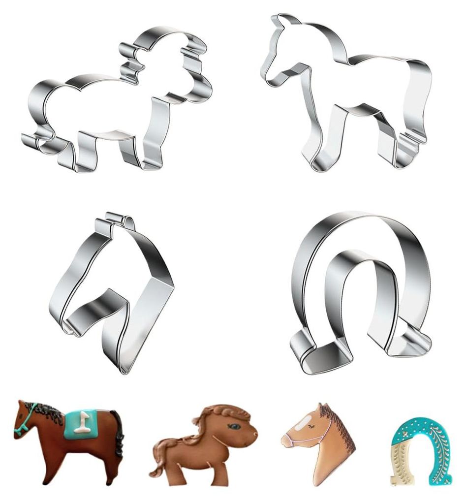 Set mit 4 pferdeförmigen Ausstechformen, hufeisenförmige Ausstechformen aus Edelstahl, DIY-Küchenzubehör, für Kinder, die Fondanttorten backen.